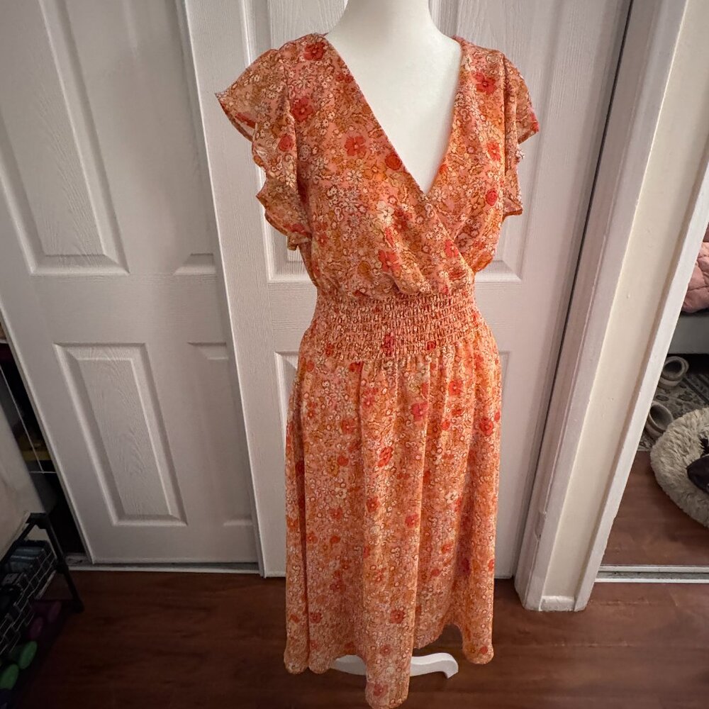 💛 Jessica Simpson Floral Midi Dress Smocked Waist Peach Orange Size S